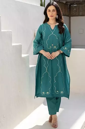 Teal noor aari work chanderi stitched pant co-ord set