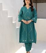 Teal noor aari work chanderi stitched pant co-ord set