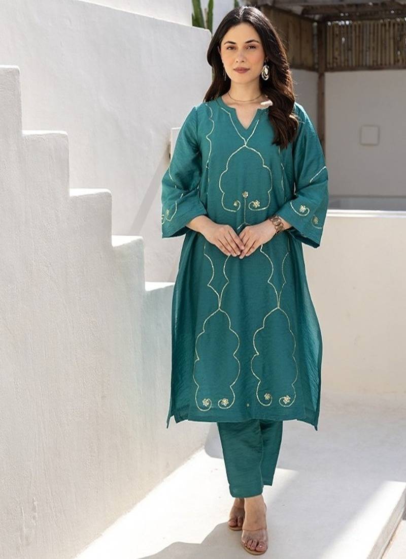 Teal noor aari work chanderi stitched pant co-ord set