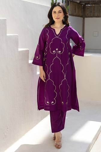 Royal plum aari work chanderi stitched pant co-ord set