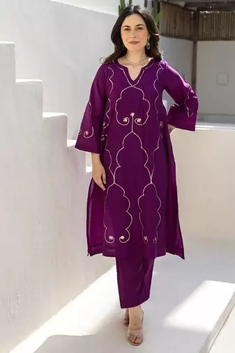Royal plum aari work chanderi stitched pant co-ord set