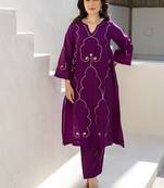 Royal plum aari work chanderi stitched pant co-ord set