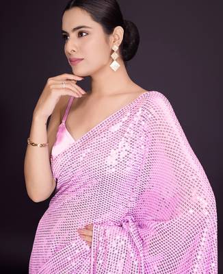 Embellished baby pink color  bollywood georgette saree with unstiched blouse 2