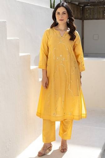 Mari gold aari work chanderi stitched pant co-ord set