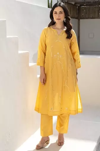 Mari gold aari work chanderi stitched pant co-ord set