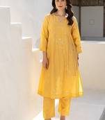 Mari gold aari work chanderi stitched pant co-ord set