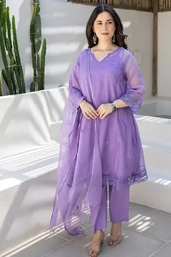 Lavender breeze embroidered chanderi stitched pant kurta set