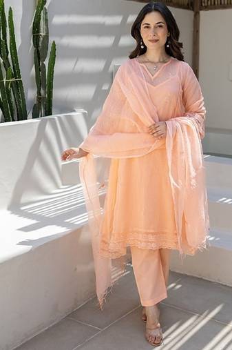 Peach embroidered chanderi stitched pant kurta set