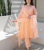 Peach embroidered chanderi stitched pant kurta set