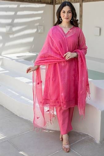Gulnaar pink embroidered chanderi stitched pant kurta set
