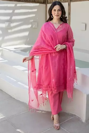 Gulnaar pink embroidered chanderi stitched pant kurta set