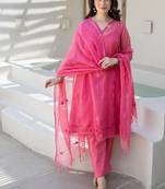 Gulnaar pink embroidered chanderi stitched pant kurta set