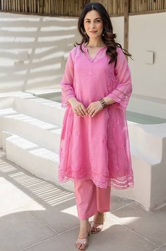 Gulab pink embroidered chanderi stitched pant kurta set