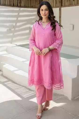 Gulab pink embroidered chanderi stitched pant kurta set