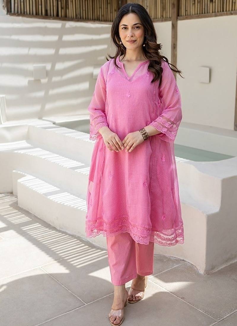 Gulab pink embroidered chanderi stitched pant kurta set