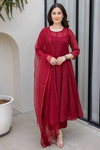 Maroon aari work chanderi stitched pant anarkali