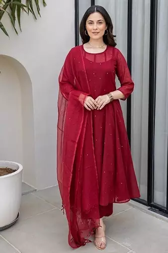 Maroon aari work chanderi stitched pant anarkali