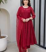 Maroon aari work chanderi stitched pant anarkali
