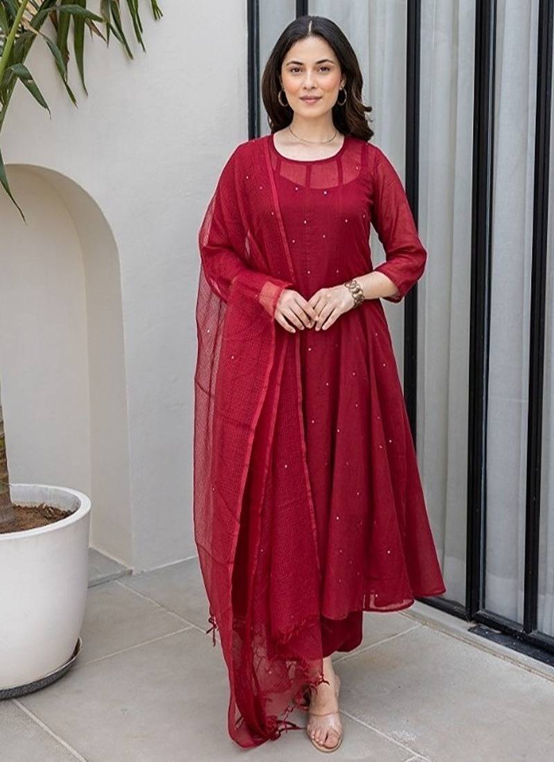 Maroon aari work chanderi stitched pant anarkali