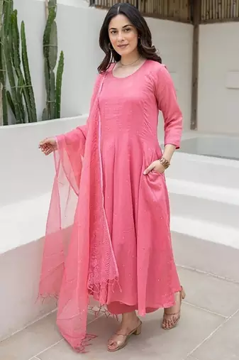 Rosewood bloom aari work chanderi stitched pant anarkali