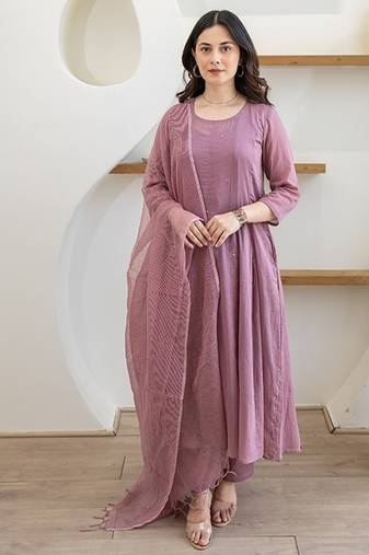 Lilac aari work chanderi stitched pant anarkali