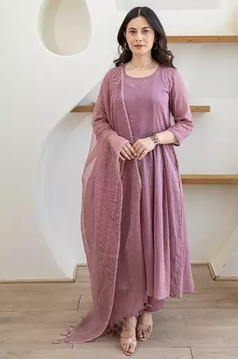 Lilac aari work chanderi stitched pant anarkali