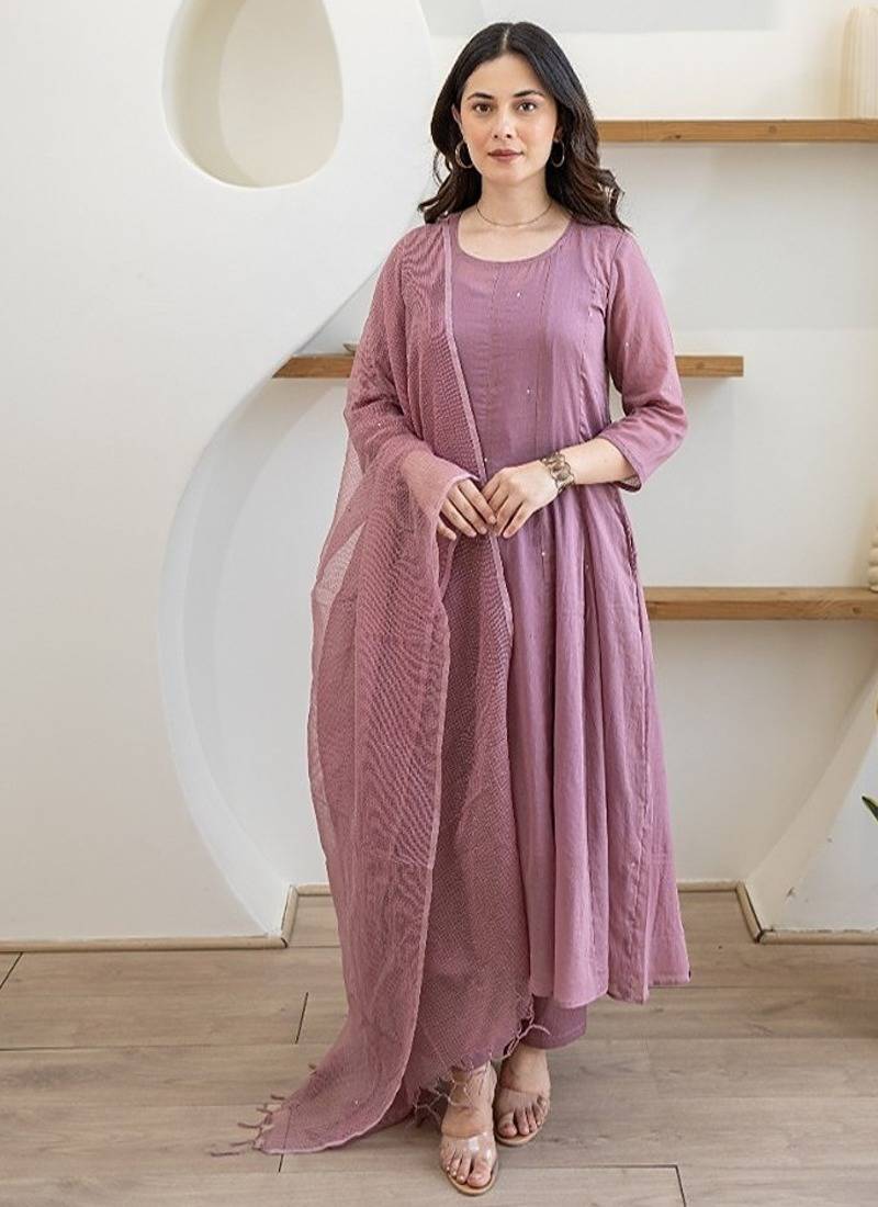 Lilac aari work chanderi stitched pant anarkali