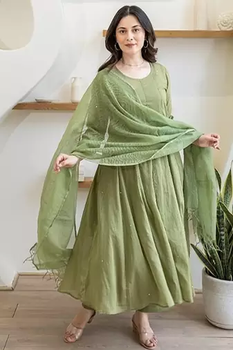 Olive green aari work chanderi stitched pant anarkali