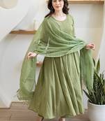 Olive green aari work chanderi stitched pant anarkali