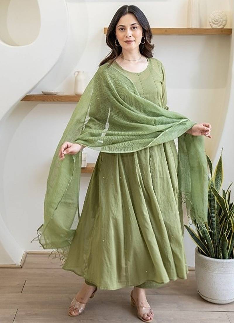 Olive green aari work chanderi stitched pant anarkali