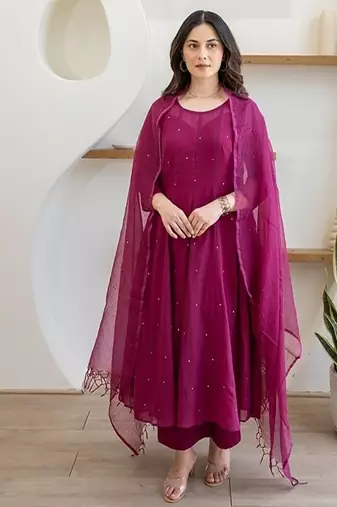 Magenta pink aari work chanderi stitched pant anarkali