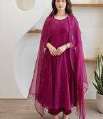 Magenta pink aari work chanderi stitched pant anarkali