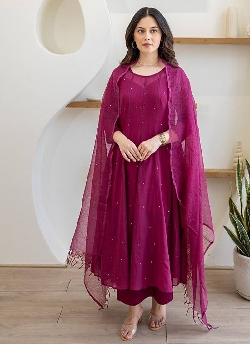 Magenta pink aari work chanderi stitched pant anarkali