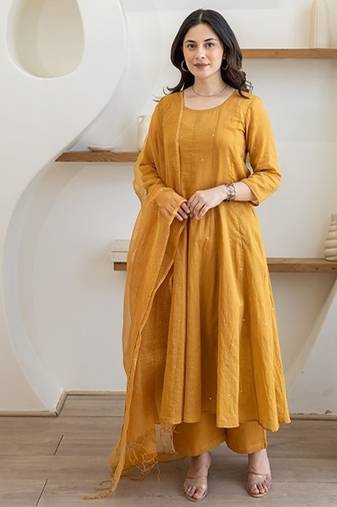Sunlit mustard aari work chanderi stitched pant anarkali