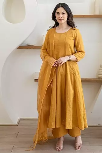 Sunlit mustard aari work chanderi stitched pant anarkali