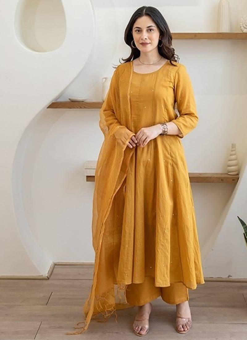 Sunlit mustard aari work chanderi stitched pant anarkali