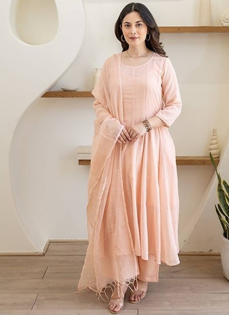 Peach aari work chanderi stitched pant anarkali
