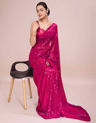Embellished rose pink color  bollywood georgette saree with unstiched blouse 1