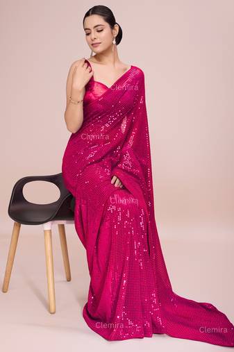 Embellished rose pink color  bollywood georgette saree with unstiched blouse