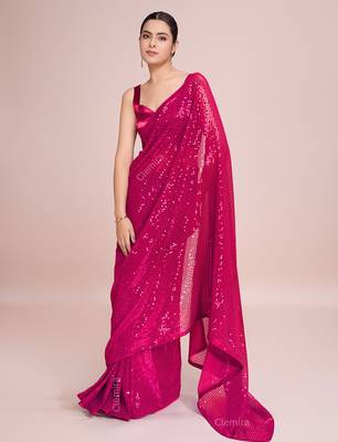 Embellished rose pink color  bollywood georgette saree with unstiched blouse 3
