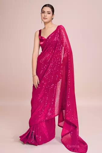 Embellished rose pink color  bollywood georgette saree with unstiched blouse