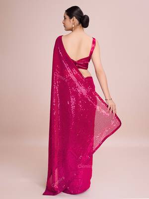 Embellished rose pink color  bollywood georgette saree with unstiched blouse 4