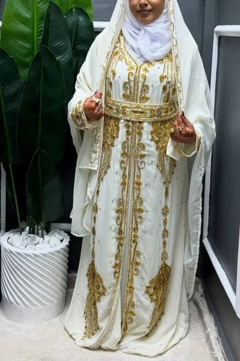 white Gold Bead Kaftan Zari Handcrafted Arabic Morrocan wedding dress with worked scarf