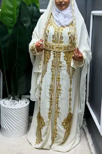 white Gold Bead Kaftan Zari Handcrafted Arabic Morrocan wedding dress with worked scarf