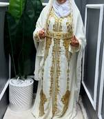 Grand White Moroccan Wedding Kaftan Gown with Heavy Gold Zari & Bead Work | Luxury Bridal Dress