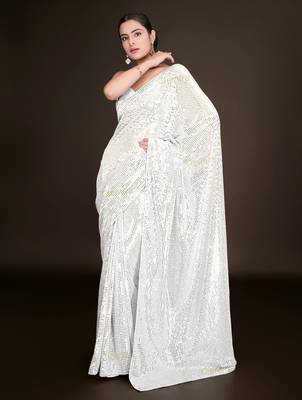 Embellished white color  bollywood georgette saree with unstiched blouse 1