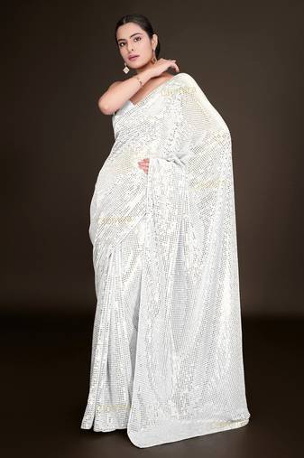 Embellished white color  bollywood georgette saree with unstiched blouse
