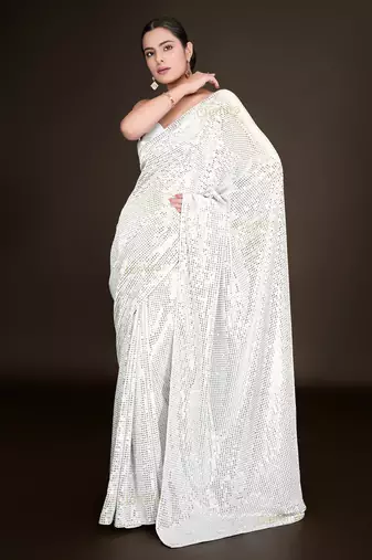 Embellished white color  bollywood georgette saree with unstiched blouse