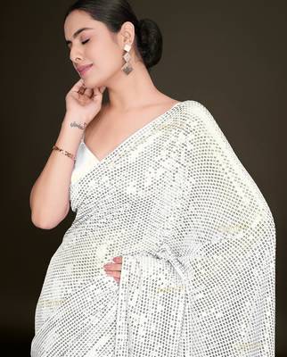 Embellished white color  bollywood georgette saree with unstiched blouse 2