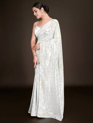 Embellished white color  bollywood georgette saree with unstiched blouse 3